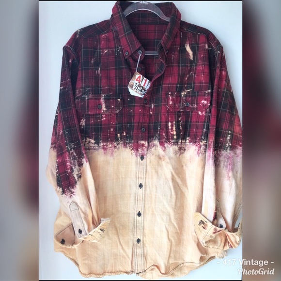 Tops - Bleached Brick Red Plaid Flannel Shirt